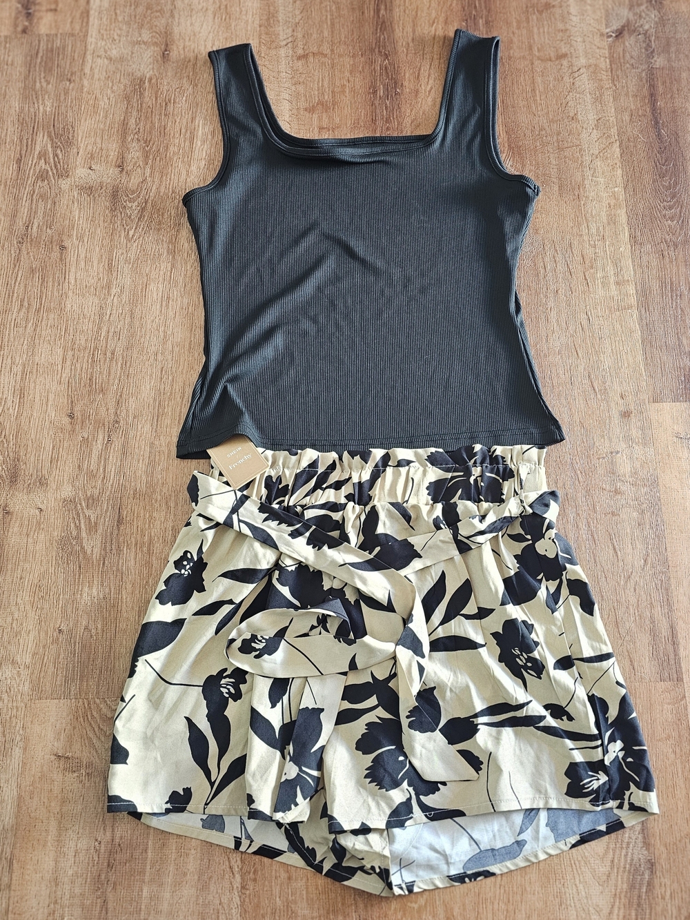 SHEIN Black Tank Top with Cream Floral Shorts